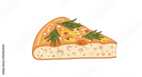 A piece of delicious Italian focaccia bread with herbs and olive oil