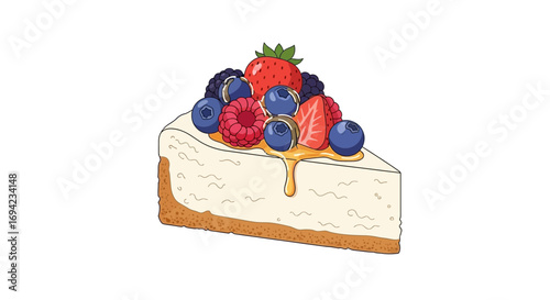 A slice of cheesecake adorned with fresh, colorful berries and sweet drizzle
