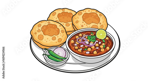 A plate of Indian cuisine, featuring chole with puri and garnishes