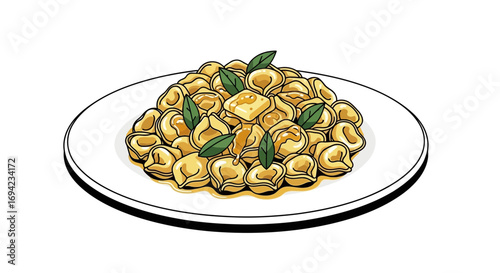 A tempting serving of tortellini pasta adorned with fresh basil leaves