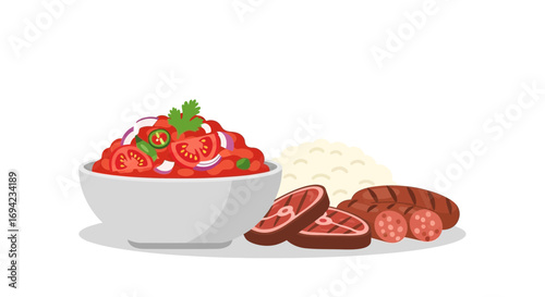 A vibrant flat lay illustration of flavorful stew alongside grilled meats