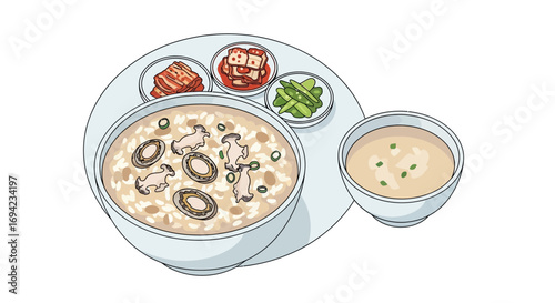 Abalone rice porridge illustration with Korean side dishes on a white background