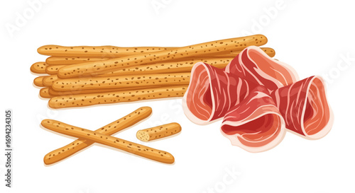 Artistic depiction of grissini breadsticks and cured ham isolated on white