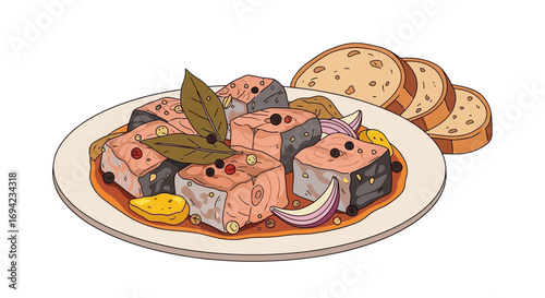 Artistic food illustration featuring marinated salmon with bread slices