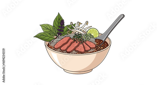 Artistic Illustration of Vietnamese Pho Soup with Rare Beef and Garnishes