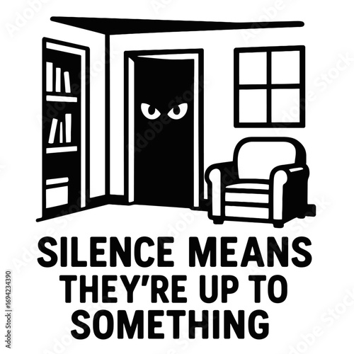 Mischievous Eyes Peeking from a Dark Doorway in a Quiet Room with Bookshelf & Armchair, Humorously Capturing the Suspense of Silence When Someone's Up to Something - A Playful Warning for Parents & Pe