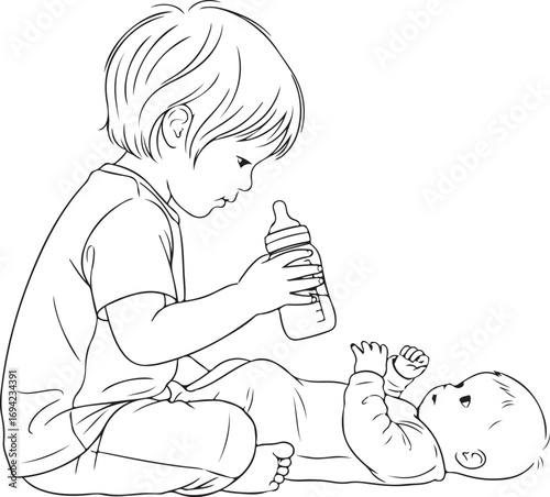 Older Sibling Offering Bottle to Baby brother sister