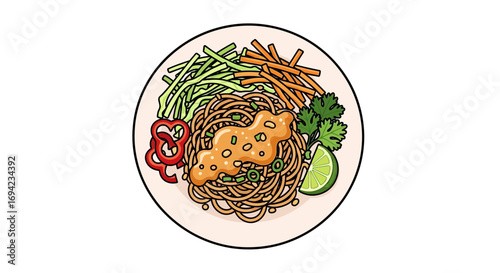 Artistic noodle dish with colorful vegetables and savory sauce presentation