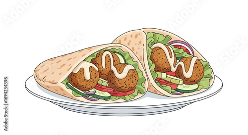Artistic illustration of two falafel wraps with fresh vegetables served