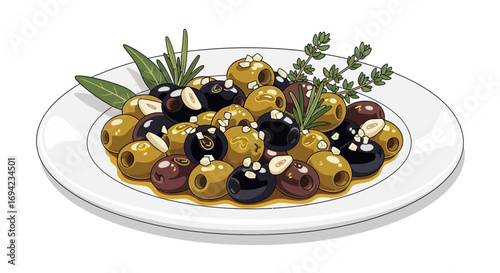Assorted marinated olives on a plate, garnished with rosemary and thyme