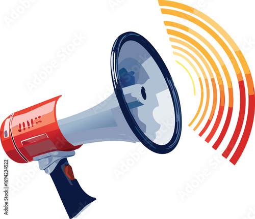 Red and white megaphone broadcasting announcement, sound waves emanating outwards.