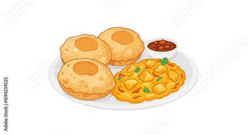 Authentic indian cuisine of puri bhaji and chole displayed on a white plate