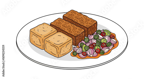 Authentic indonesian culinary dish of fried tofu, tempeh, and sambal matah