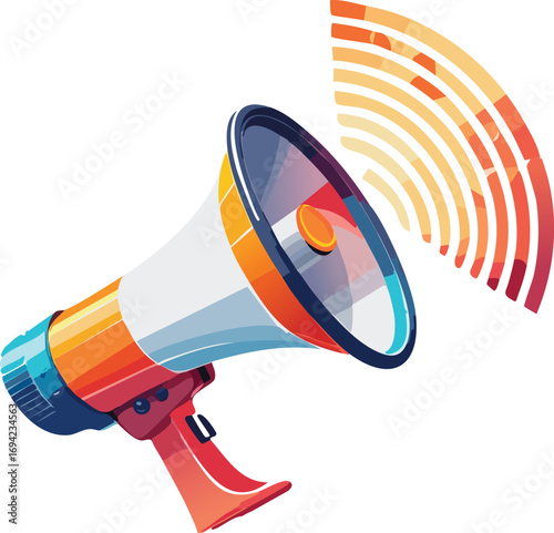 A colorful vector illustration showing a megaphone with sound waves emanating from it, suggesting announcement or communication.