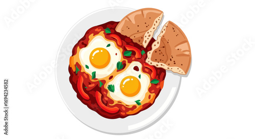 Authentic shakshuka illustration with poached eggs and fresh baked bread