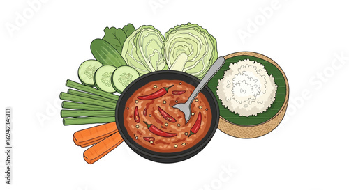 Authentic thai chili dip artwork featuring fresh vegetables and rice