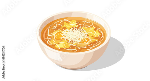 Cartoon illustration of a bowl of delicious consommé with pasta and cheese