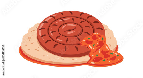 Cartoon Illustration of a Circular Sausage Served with Rice and Spicy Sauce