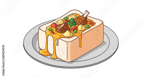 Cartoon illustration of bunny chow with lamb on a plate, delicious dish