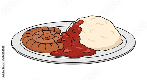 Cartoon illustration of sausage, mashed potatoes, and tomato sauce on plate