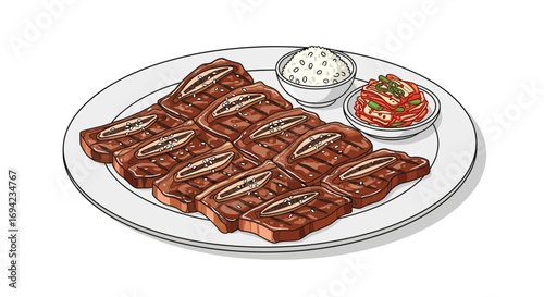 Cartoon of Korean kalbi ribs accompanied by rice and kimchi illustration