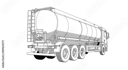 Illustration of a tanker truck isolated on white background, showcasing its cylindrical tank, ladder, wheels, and overall design in a detailed line drawing