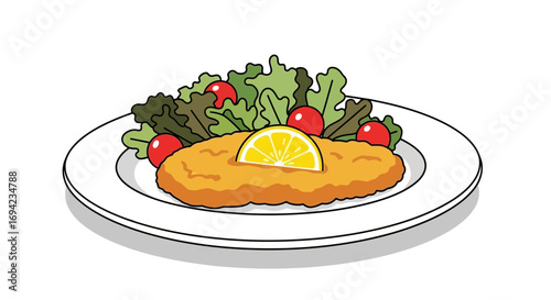 Classic schnitzel dish accompanied by fresh salad and lemon wedge
