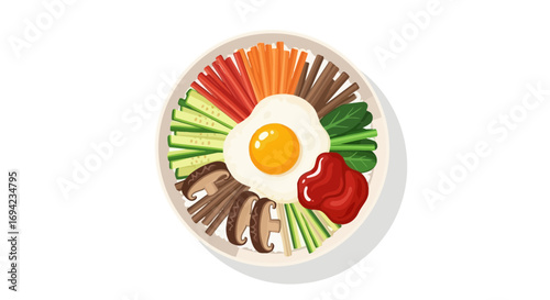 Colorful bibimbap composition, korean dish vector illustration on white