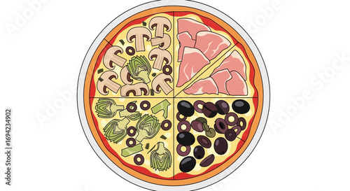 Colorful pizza illustration featuring various toppings on each quarter of the pizza