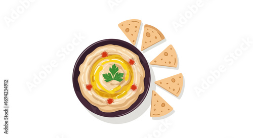 Creamy hummus bowl with pita bread slices, mediterranean cuisine vector