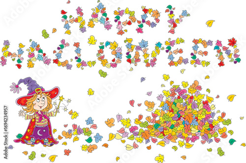 Happy Halloween card with a cute little witch waving a magic wand and writing her greeting with colorful leaves from a large pile of fallen autumn leafage, vector cartoon illustration