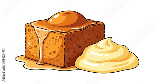 Delectable cartoon illustration of a caramel cake alongside cream decoration
