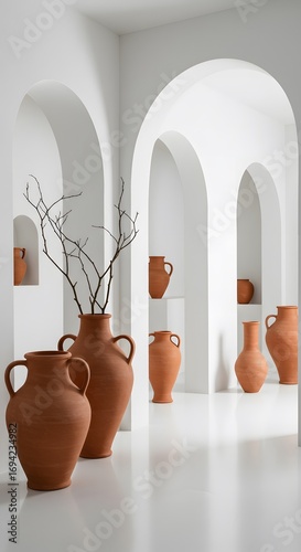 Serene minimalist interior with white architectural arches and traditional terracotta pottery vases