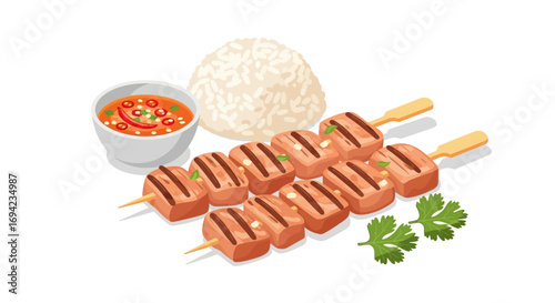 Delectable Grilled Skewers with Rice and Chili Sauce, Fresh Meal Presentation