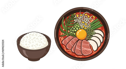 Delicious and colorful korean bibimbap bowl with rice, a culinary illustration