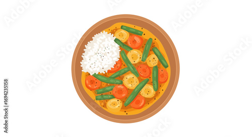 Delicious and nutritious vegetable curry with rice in a wooden bowl