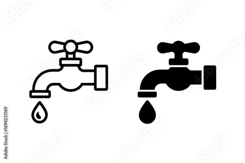 Minimalist Water Tap Icon Set in Black and White Depicting Water Conservation and Plumbing Services