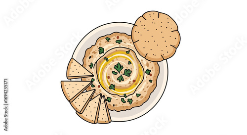 Delicious and vibrant illustration of hummus with pita bread and flatbread