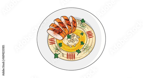Delicious and visually appealing hummus with grilled chicken on white plate