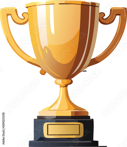 A gleaming gold trophy with two handles sits on a black base, ready for engraving.