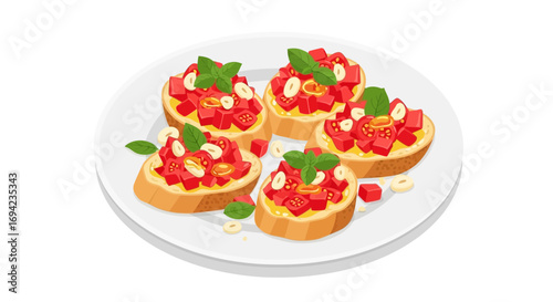 Delicious Bruschetta Appetizers with Fresh Tomatoes and Basil Leaves