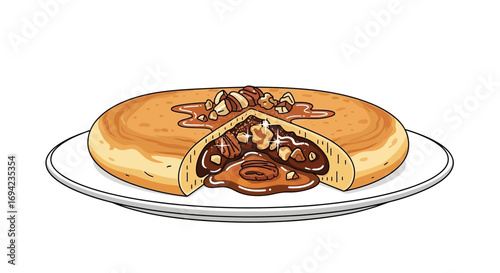 Delicious caramel pecan pie with a cut piece on a white plate background