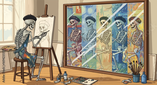Skeleton artist at work on easel, painting self portrait. Skeleton artist is drawing, while the painted reflection shows artistic progression and different styles.