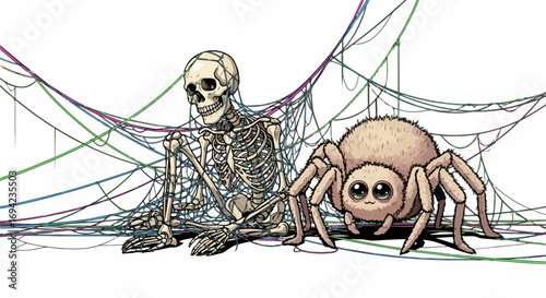 Cartoon skeleton and spider in colorful web. Whimsical cartoon skeleton with expressive spider friend, both caught in intricately designed colorful web.