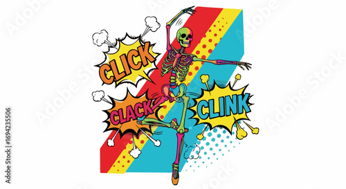 Skeleton dancer in ballet pointe shoes against bright abstract background. Skeleton dancer dressed in pointe shoes strikes expressive pose, surrounded by dynamic comic book sound effects.