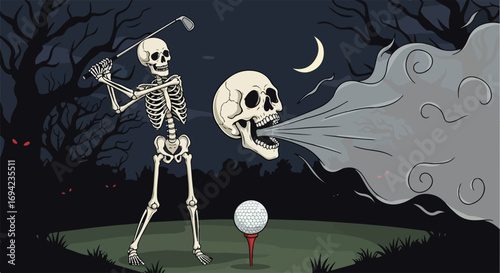 Skeleton playing golf in spooky night scene, featuring a skeletal golfer in full swing amidst eerie trees and moonlit skies. Skeleton playing golf with spectral skull emitting fog,