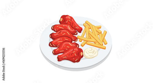 Delicious chicken wings with fries on a plate for a tasty illustration