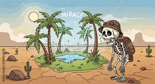 Skeleton in desert facing mirage with oasis, dehydrated. Skeleton in desert sadly sees a mirage as result of the lack of water, hope turns to despair.