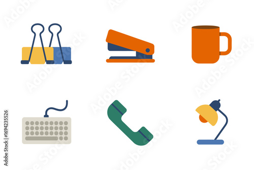Colorful Office Supplies and Desk Accessories Flat Vector Illustration for Business Productivity and Organization Tools