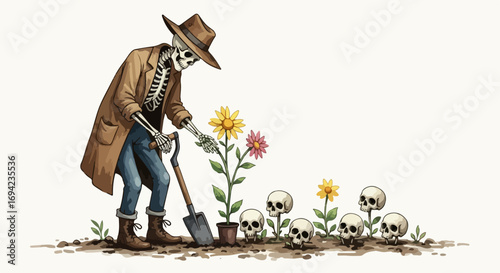 Skeleton gardener plants flowers, creating surreal garden scene with flowers blooming amidst skulls. This skeleton gardener tends to blooms in whimsical, morbid contrast.